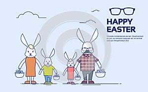 Big Rabbit Family Bunny Holding Basket Happy Easter Holiday Greeting Card Thin Line