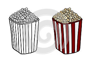 Big realistic cardboard striped red and white box with popcorn with salted caramel isolated on white background. Tasty