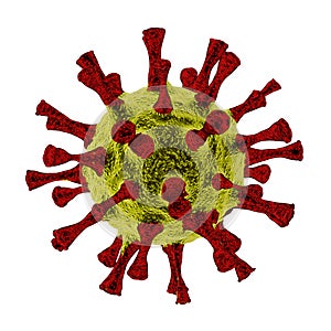 Big realistic macro yellow coronavirus and virus, bacterium with red spikes sucker under the microscope isolated on white backgrou photo