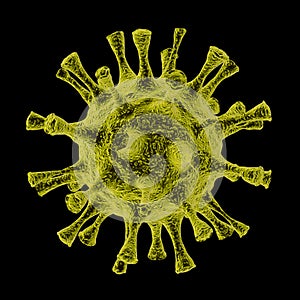 Big realistic macro yellow coronavirus and virus, bacterium spikes sucker under the microscope isolated on black background