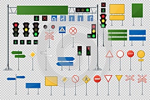 Big Realistic Set Of Road Signs And Traffic Lights And Semaphores.