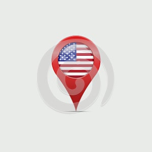 Big Red 3D USA Map Marker with Shadow on the Light Grey Background. Vector Illustration. Star-Striped American Flag