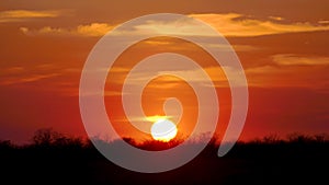 Big red African sun. Sunset in Etosha, Namibia.