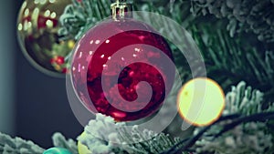 Big red ball hanging on Frosty green branch of pine tree with magic holiday lights of Christmas. Christmas holiday video