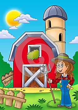 Big red barn with farmer girl