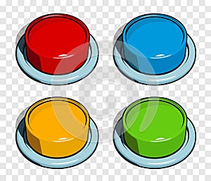 Big red, blue, orange and green push buttons set in comic cartoon style. Vector illustration