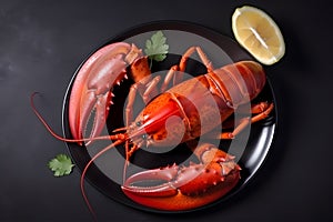 Big red boiled lobster. Close-up on slate surface. Seafood, top view.