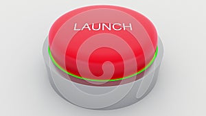 Big red button with launch inscription being pushed. Conceptual 3D rendering