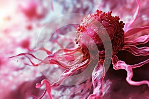 Big red cancer cell with metastases under a microscope. World cancer day banner with copy space