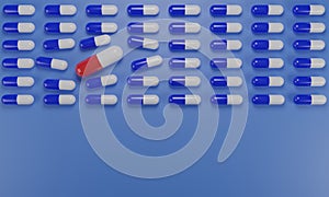 Big red capsule disrupting row of blue pills, healthcare medical concept, 3D render photo