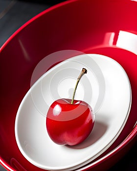 Big red cherry on a white saucer.