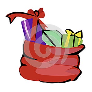 Big red Christmas bag with Santa Claus gifts. Large gift bag. Isolated on white vector illustration