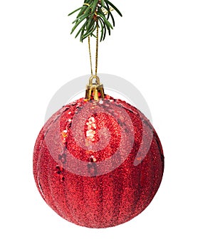 big red christmas ball is hanging on christmas tree isolated on white background