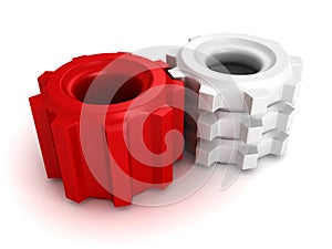 Big red cogwheel leader gear connected to others group