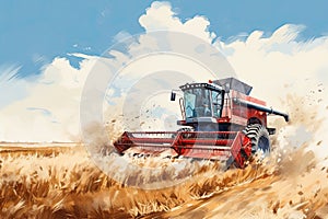 A big red combine harvester harvests in a wheat field. Generated by AI