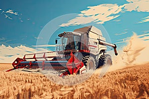 A big red combine harvester harvests in a wheat field. Generated by AI