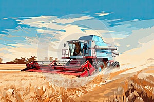 A big red combine harvester harvests in a wheat field. Generated by AI