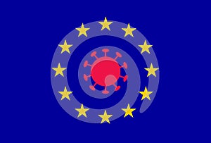 Big red coronavirus COVID-19 symbol of the middle of the yellow stars in the EU - European Union - flag. Concept illustration