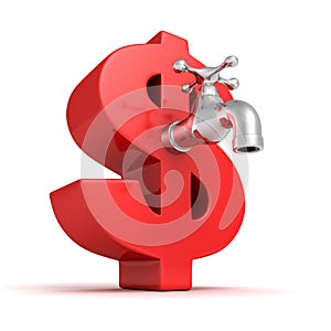 Big red dollar symbol with metallic water tap