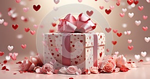 a big red flowery present box surrounded by hearts on a grey background