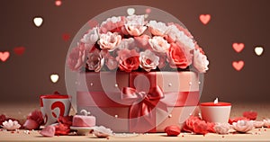 a big red flowery present box surrounded by hearts on a grey background