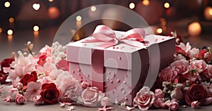a big red flowery present box surrounded by hearts on a grey background