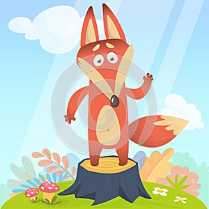 Big Red Fox tail angrily funny cartoon style stand upright at tree stump in green grass background, vector illustration.