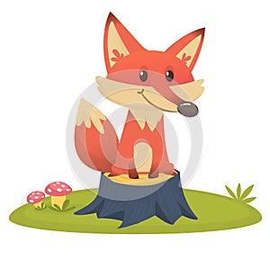 Big Red Fox tail funny cartoon style sits on tree stump in green grass background, vector illustration.