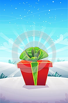 Big red gift box with ribbon bow at winter snow nature outside forest or park background , vertical poster greeting card event