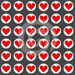 Big red gray lonely heart badges Valentines Day seamless pattern