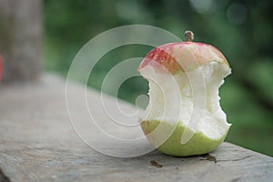 Big red and green apple was bite