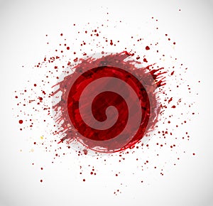 Big red grunge circle with splashes of paint on white background.