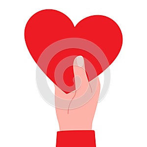 Big red heart in hands of people. Gift, charity. Heart as symbol of love, appreciation, respect, care. Vector illustration on