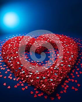 The big red heart is made from smaller hearts with a smaller heart in the middle. The background is blue and the image is