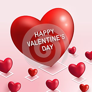 Big red heart shape and many small heart placing on pink floor as location pin with Happy Valentines Day text. 3D depth isometric