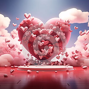 Big red heart with Stick-on tiny hearts on a podium around a cloud.Valentine\'s Day banner with space for your own co