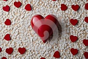 A big red heart, surrounded by smaller red hearts, on a white textured background.