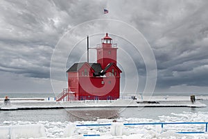 Big Red Michigan Lighthouse in Winter