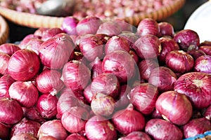 Big red onions in the basket for sell