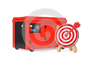 Big Red Outside Auxiliary Electric Power Generator Diesel Unit for Emergency Use with Archery Target and Dart in Center. 3d