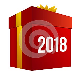 Big red present box with numbers 2018.