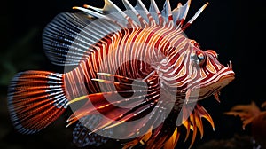 Big red Rare striped fish species in ocean, marine inhabitants among the corals, Exotic Aquarium