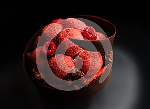 Big red raspberry dessert with fresh berries, microwave sponge and chocolate spiral border