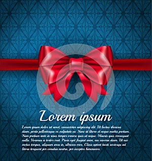 Big red ribbon bow on the rich classic blue pattern background with place for your text. VIP Luxury red card template
