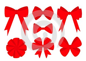 Big red ribbon bows. Christmas bow icon set. Decoration element for giftbox present. Merry Christmas, New Year sign symbol. White