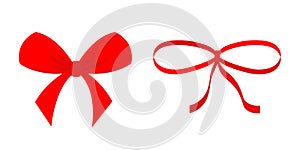 Big red ribbon Christmas bow icon set. Decoration element for giftbox present. Satin ribbons. White background. Isolated. Flat