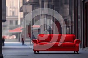 Big red sofa on city street. Soft comfortable couch in middle of street. Concept of place of rest. Generative AI.