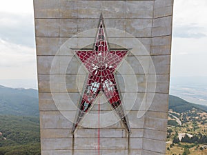 Big red star on an abandoned soviet monument Buzludzha made in the style of brutalism, Bulgaria