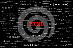 Big red title HTML in the middle with many different HTML tags
