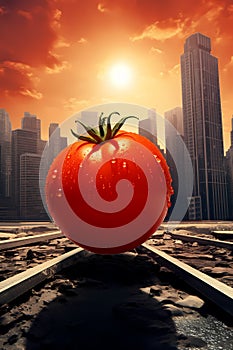 Big red tomato on the rails against the background of the modern city